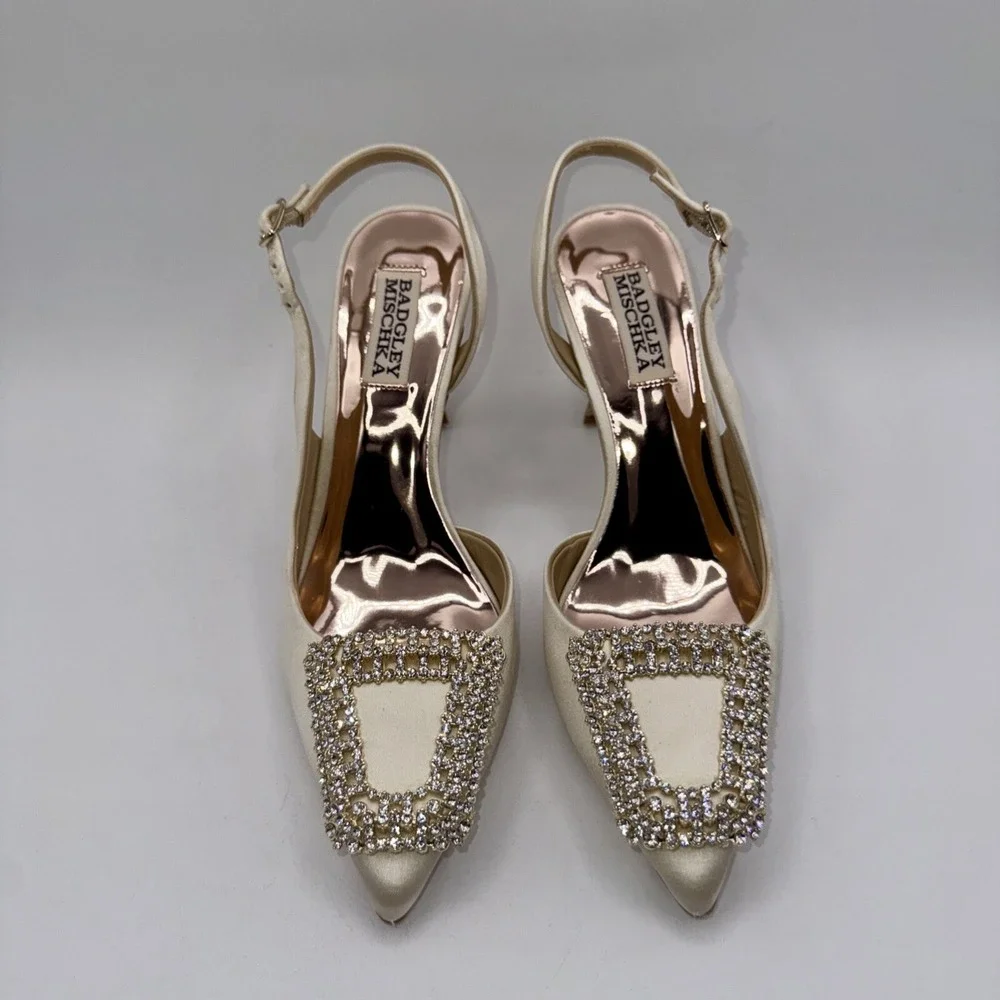 Badgley Mischka Enida Rhinestone Slingback Heels Women's Size 6‎ Champagne Satin
